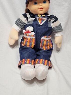24" Play Doll Curly Brown Hair Blue Eyes Denim Outfit Soft Body w/ Stuffed Anim…